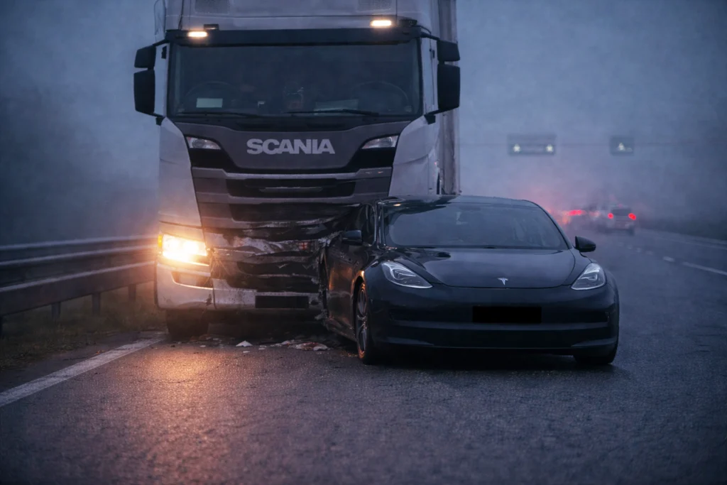 Tesla uden lys påkørt af lastbil